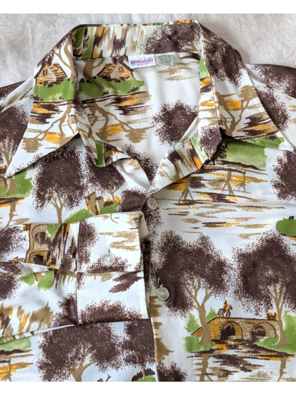 Wrangler Vintage 70s Acetate Nylon Printed Disco Shirt Daggar Collar XL USA Made